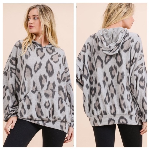 Last! Gray Leopard Print Cozy Long Sleeve Hoodie - Picture 1 of 7